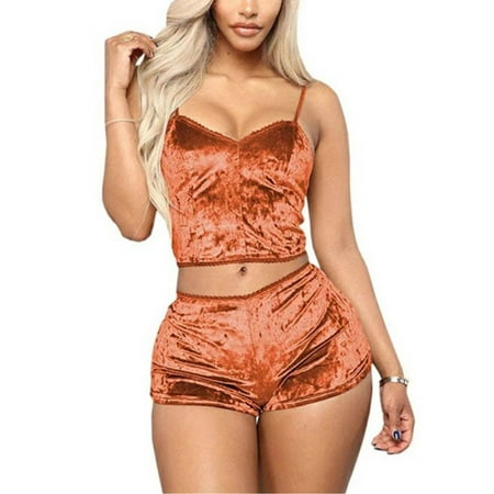 

wybzd Women s Velvet 2 Piece Pajamas Outfit V Neck Spaghetti Strap Crop Top+Shorts Sleepwear Nightwear Set Orange M