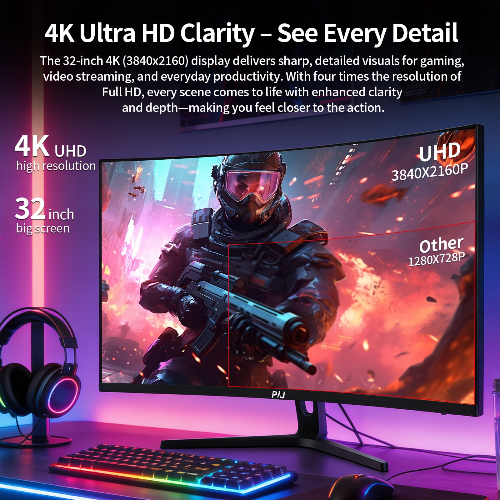 PIJ 32 Inch Curved Gaming Monitor Built-in Speakers, 4K UHD 1500R Immersive Screen, 160Hz Refresh Rate, 1ms, AMD FreeSync, 120% sRGB VA Panel, HDMI 2.1 x2/DP 1.4 x2, Wall Mountable