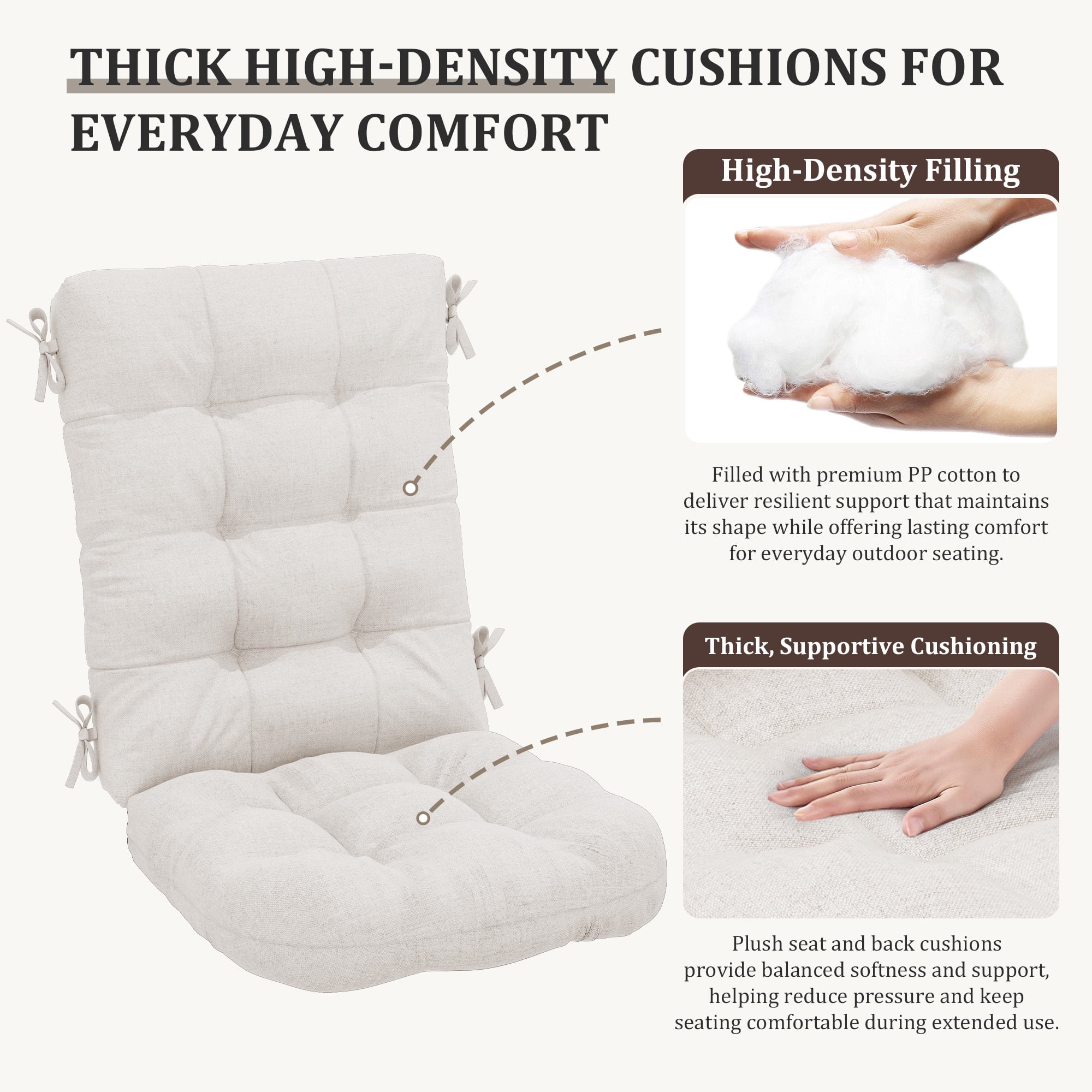 FUNDAZE Outdoor Chair Cushion, 47"L x 19.9"W 2 Piece Cushion W/ Ties for Indoor Outdoor Rocking Chairs, Beige