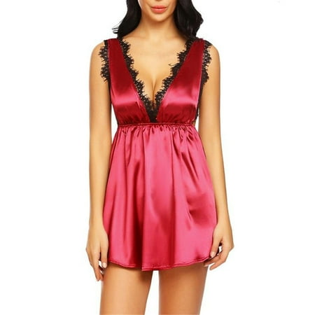 

DORKASM Womens Nightgown Eyelash Teddy Lingerie Satin Sexy Full Slip Chemise Sleepwear Hot Pink 2XL