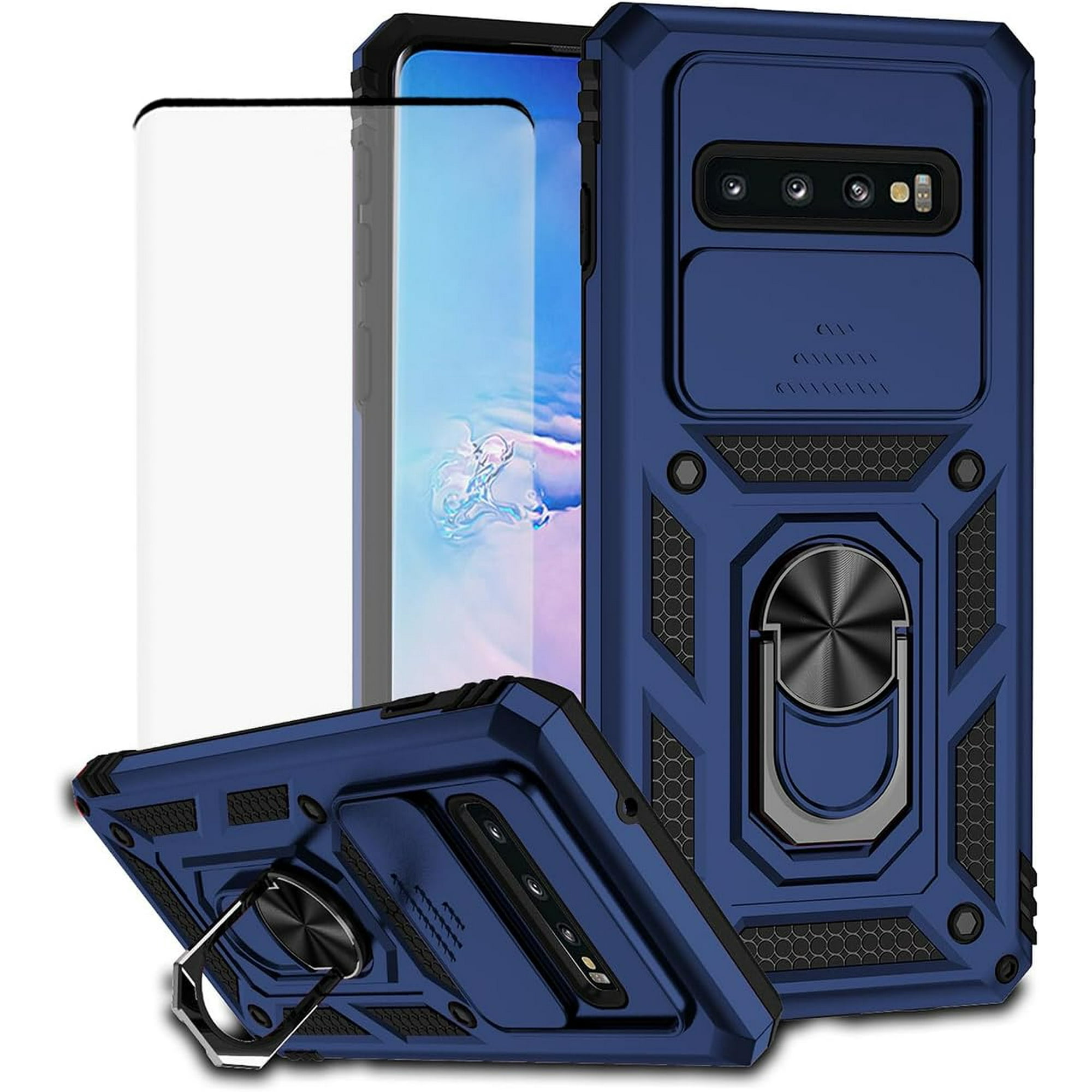 Case for Galaxy S10 Case, Samsung S10 SM-G973U (Not Fit 5G) Case with Tempered Glass Screen Protector and Slide Camera Cover, 360° Rotate Ring Stand Magnetic Cover for Samsung Galaxy S10 Blue