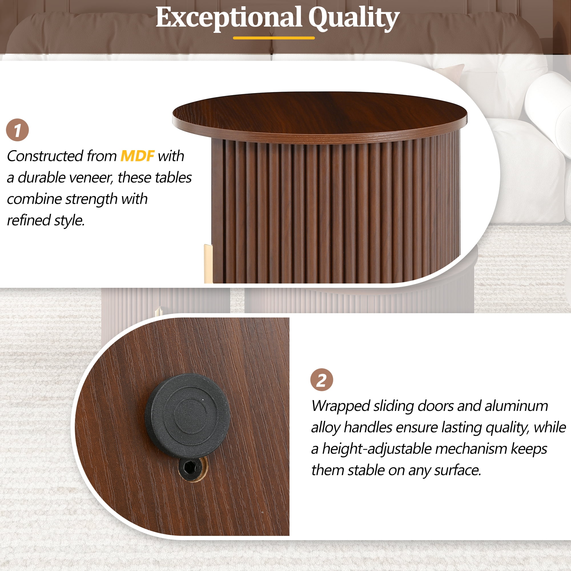 Euroco Mid-Century Coffee Table Set with Sliding Tambour Door, Round Fluted End Table With Storage, Golden Handle Tall & Low Side Table with Wooden Finish for Living Room, Set of Two