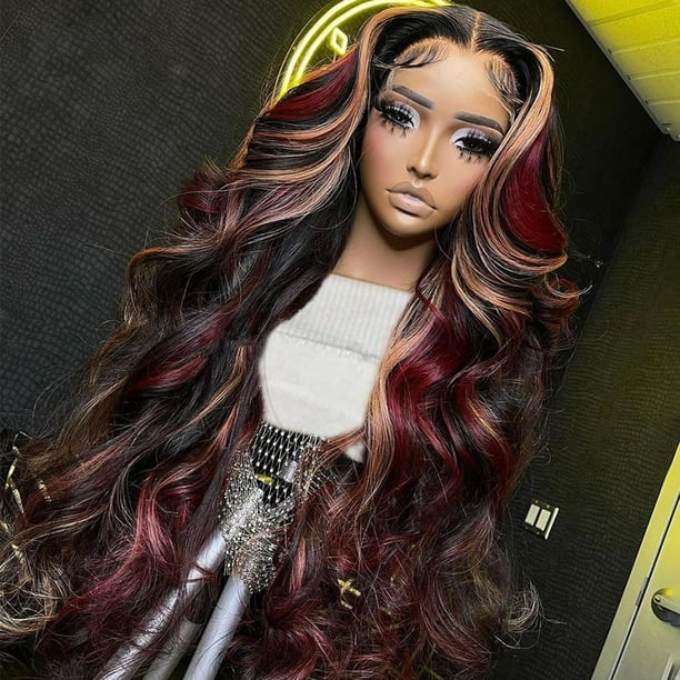 Negro Rojo Rubio Destacado Peluca Cabello Humano Onda Del Cuerpo Raya Skunk Peluca de Cabello Humano 180% Densidad Rubio Rojo Destacados 13X4 HD Encaje Frontal Sin Pegamento Balayage Pelucas Cabello H