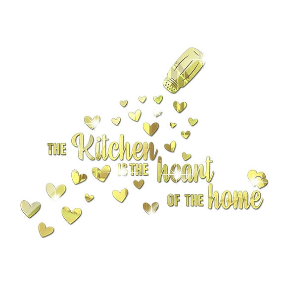 Kitchen Mirror Wall Sticker Kitchen Letters Mirror Decals DIY Plastic Mirror Tiles Sticker Self-Adhesive Heart-Shaped Mirror Wall Decors for Home Kitchen Restaurant Background Wall Decoration Golden