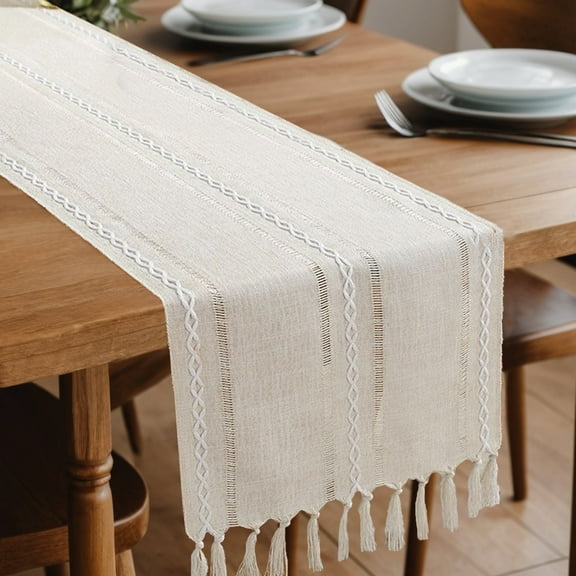 Table Runner with Tassels in Boho Style - Cotton Linen, Machine Washable - Décor for Dining Table, Kitchen, Living Room (13x72 in, Ivory)