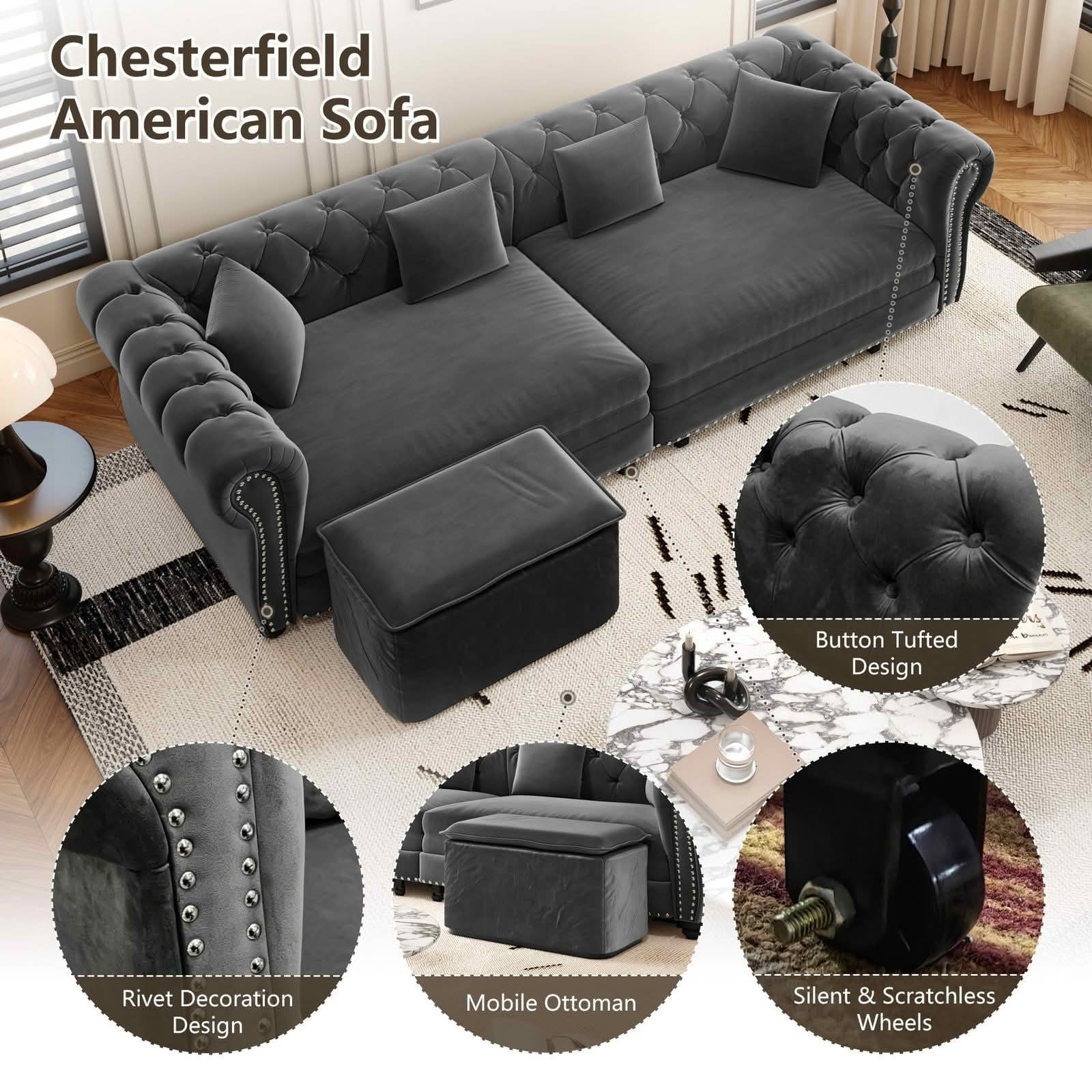 MAYEERTY 89" Chesterfield 3‑in‑1 Pull‑Out Sofa Bed, Tufted Velvet 3‑Seater Couch with Movable Ottoman, King Size Sleeper Chaise Lounge, 4 Pillows Included