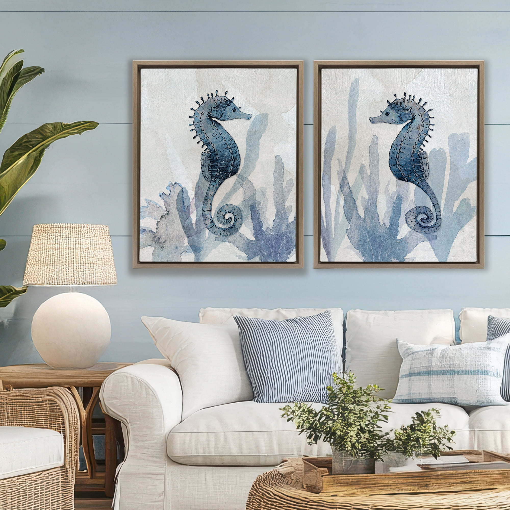 Stupell Industries Impressions of Seahorses 2 Piece Brown Framed Floater Canvas Set, design by Susan Jill