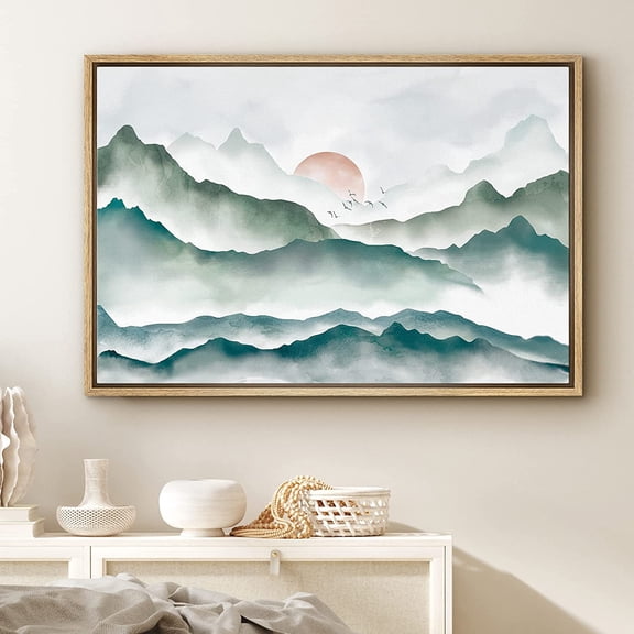 PixonSign Framed Canvas Print Wall Art Watercolor Mountain Range and Sun Nature Wilderness Illustrations Modern Art Contemporary Scenic Colorful for Living Room, Bedroom, Office - 16"x24" Natural