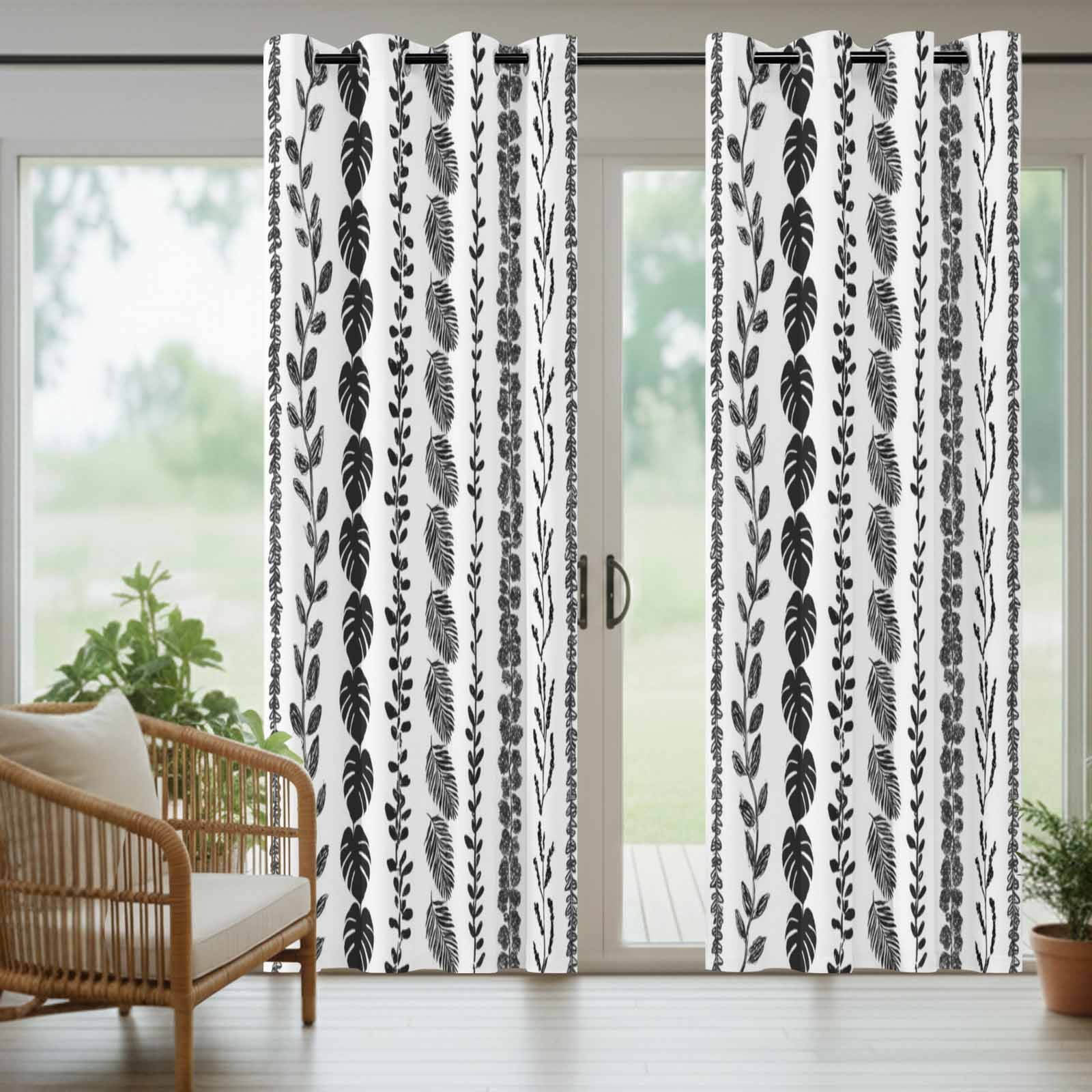 Black Leaf Striped Outdoor Curtains for Patio, Summer Botanical Vertical Natural Stripes Sunshade Privacy Drapes Grommet Waterproof Outside Curtains for Porch/Cabana/Balcony 54"x 108", 1 Panel