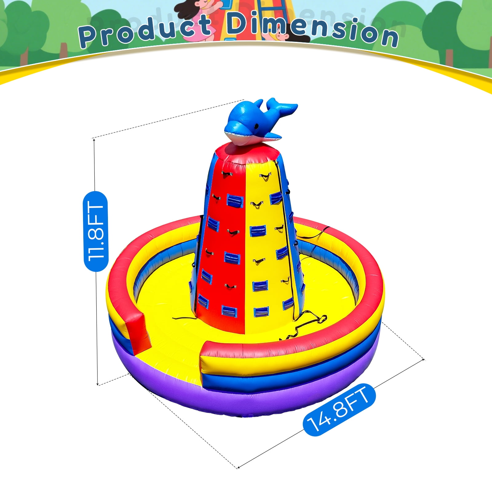 Relunch 14.8X11.8FT Inflatable Dolphin Rock Climbing Wall Tower for Kids with 1100W Blower – Commercial PVC Outdoor Adventure Game with Safety Ropes & Harnesses