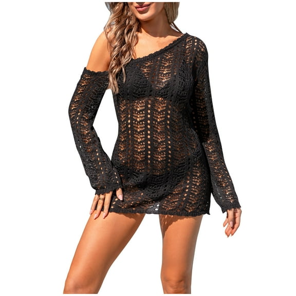 EQWLJWE Cover Ups for Women,Hollow Out Swim Cover Up Knit Summer Outfits Long Sleeve One Shoulder Beachwear Gift Black S