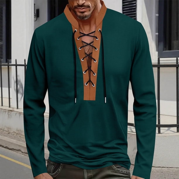 pstuiky Camisas casuales de manga larga para hombre, Camiseta de manga larga con cuello alto, diseño de patchwork marrón y cordón ajustable para hombre Tops de talla grande para hombre s