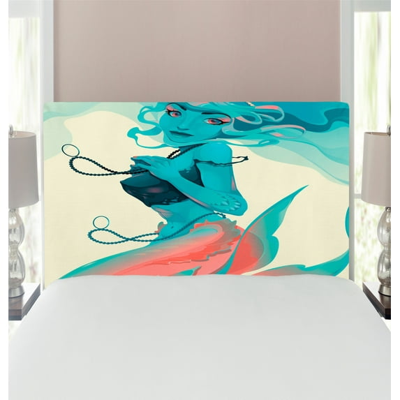 Mermaid Headboard, Portrait of Gothic Style Makeup Art Fantasy Illustration Print, Upholstered Decorative Metal Bed Headboard with Memory Foam, Twin Size, Cream Teal Pink, by Ambesonne