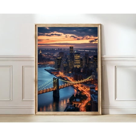 New York NYC Empire State Nyc Map Skyline Brooklyn Bridge Wall Art, Unframed Paper Print Size 8x12