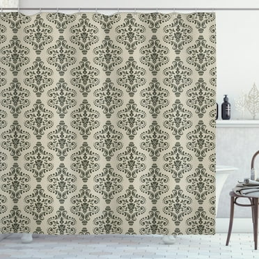 Victorian Shower Curtain, Floral Themed Ornamental Shapes in Repetitive Damask Pattern, Fabric Bathroom Set with Hooks, 69W X 75L Inches Long, Grey Yellow and Dark Sepia, by Ambesonne