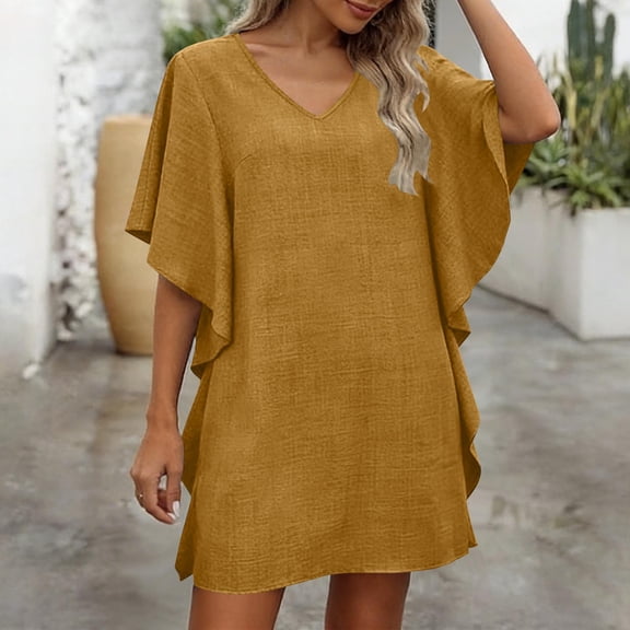 Gamivast Swim Dress for Women Short Flutter Sleeve V-Neck Textured Shift Beach Dress Loose Fit Solid Tunic Dress Vacation Pool Cover Up Summer Holiday