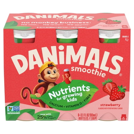 Danimals Smoothie Strawberry Low Fat Dairy Drink Smoothie Bottles Multi-Pack, 3.1 fl oz, 6 Count