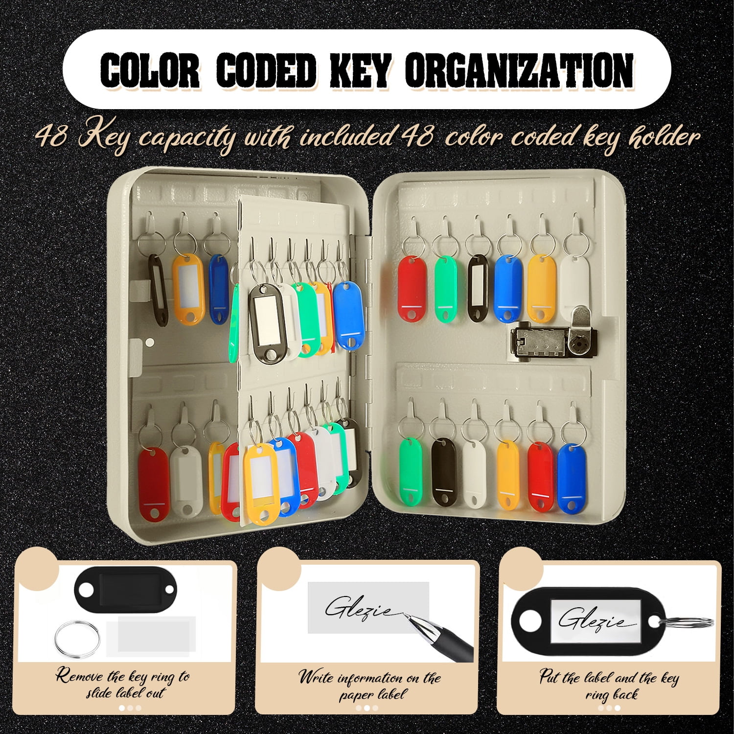Key Cabinet Lock Box - White Key Storage Box Wall Mount with Combination Lock, Secured Key Organizer Box with 48 Colored Key Holder for Homes, Office, Apartments, Hotels, Business