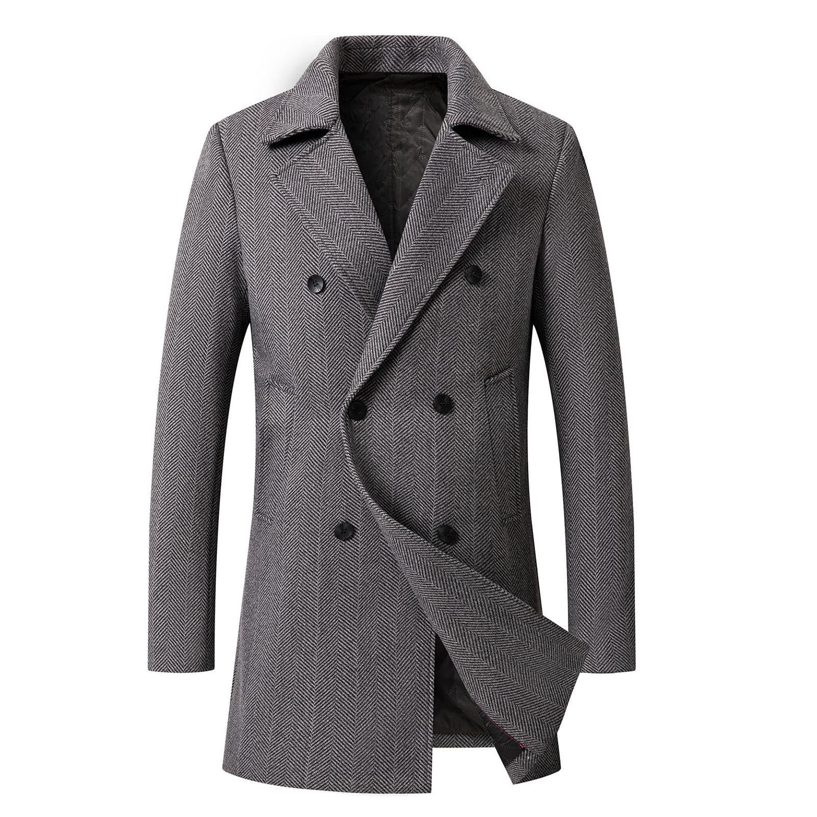 Men's Wool Blend Pea Coats Double Breasted Slim Fit Mid Length Notched