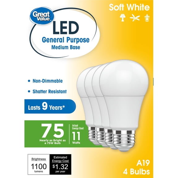 Great Value A19 LED Light Bulbs, 75 Watts Eqv, Soft White, General Purpose, 9yr, Medium Base, 4 pack