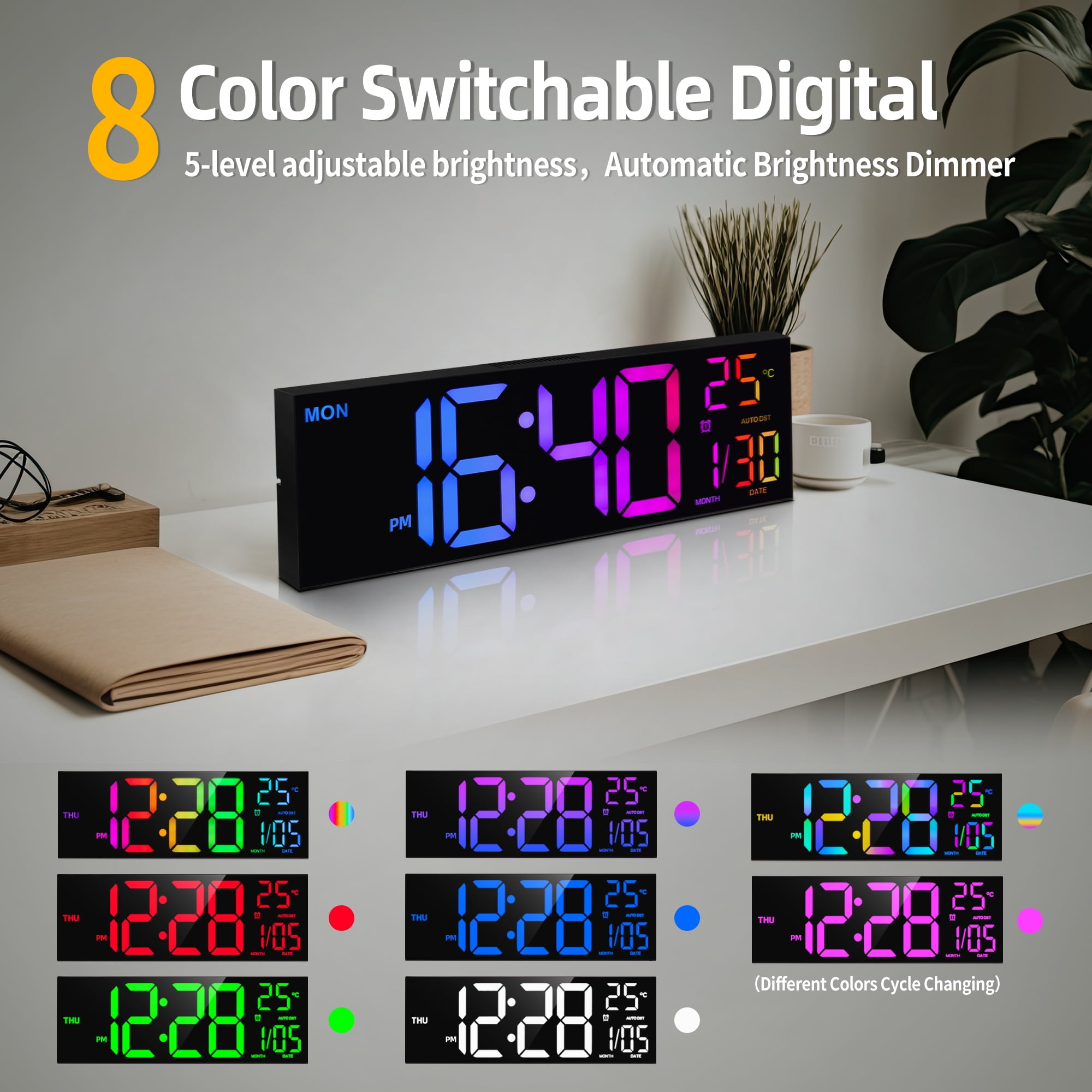 LEIKE 16.2" Large Digital Wall Clock with 8 Colors, 5-Level Brightness Adjustment, Battery Operated, Temperature Display, Big Numbers for Bedroom Office Living Room