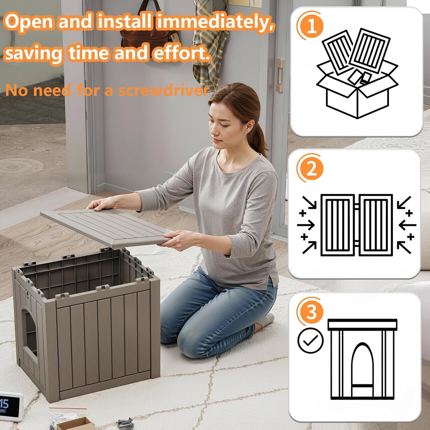 Joxxoaa Outdoor resin weatherproof cat house, ventilated and insulated for Cats, Kittens,Puppies, washable,easy to assemble,scratch- and bite-resistant,non-stick to hair (gray)，Father's Day Gift