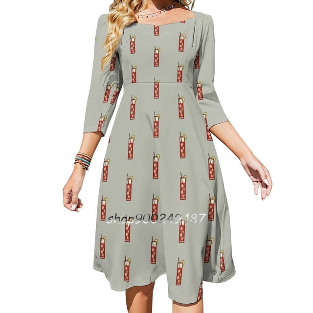 Estampados de íconos mixtos: Vestido acampanado con nudo de corazón de la serie de bebidas Diseño de moda Vestido holgado de talla grande Icono de la noche de los licores