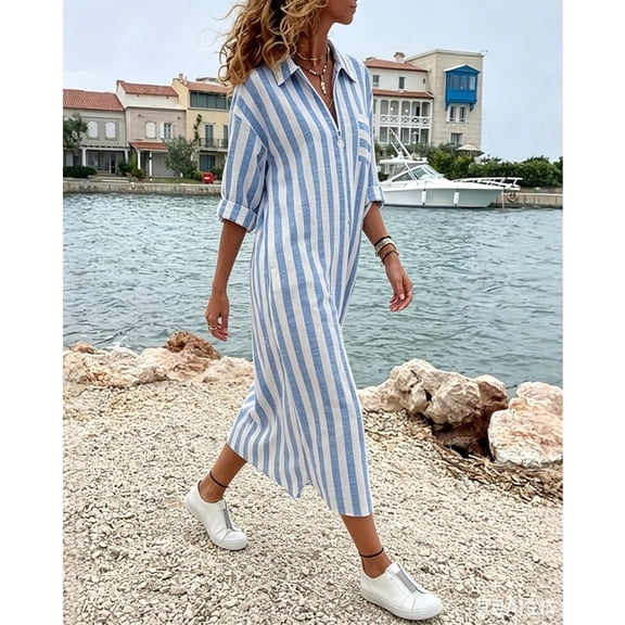 Noric Women Summer Striped Shirt Dresses Long Sleeve Button Down with Pockets Casual Flowy Loose Fit Maxi Dresses