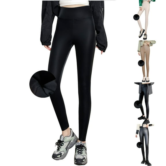 Brondbend Fleece Lined Leggings Women Thick Tights High Waisted Solid Leather Pants Warm Bottom Pants Slim Fall Winter Outdoor Activities Fashion Trousers,Black