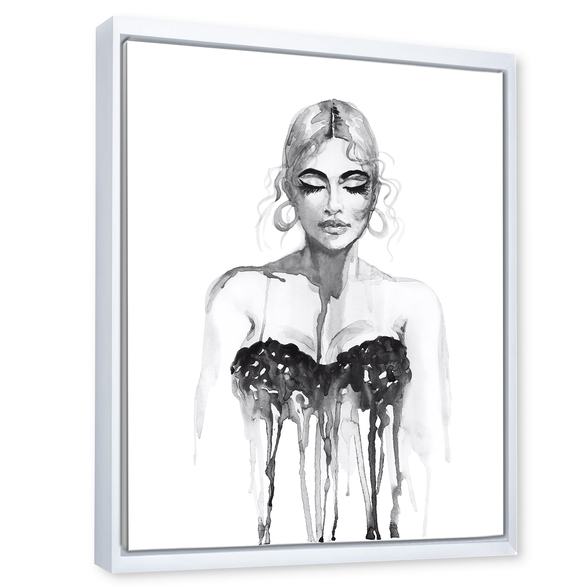 Designart 'Black and White Portrait of Woman Wearing Evening Dress' Modern Framed Canvas Wall Art Print