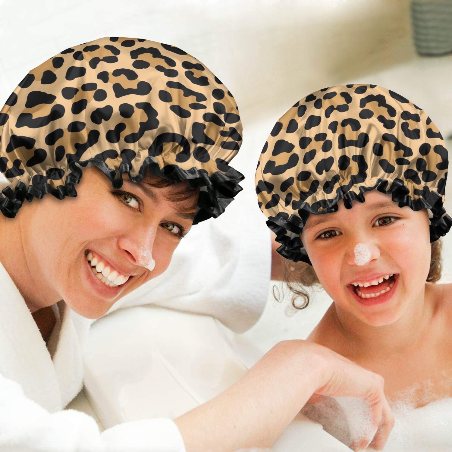 Shower Caps,Beige and Black Of Leopard Print Waterproof Shower Cap for Women 4 Pieces,Double Reusable Hair Cover for Shower PEVA Elastic Stretch Hem