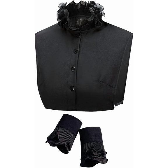 Black Detachable Ruffled False Collar with One Pair Pleated Sleeves Set Sylish Versatile Lace Up Dedign Half Shirts Blouses Dickey Collars for Women Men Clothes Outfits Accessories