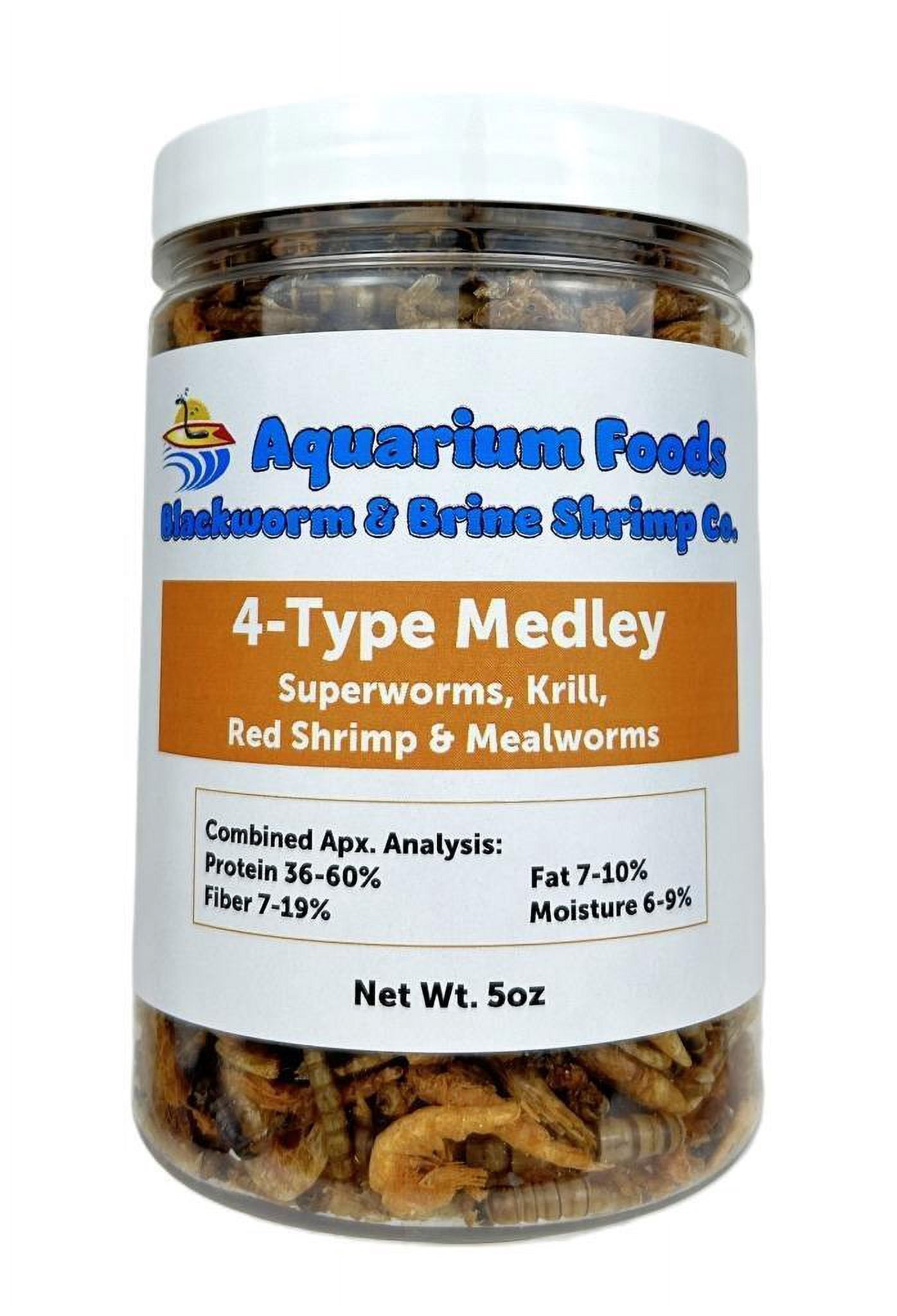 Aquatic Foods Inc. 4-Type Medley Mix of Freeze Dried Superworms, Arctic Krill, Red River Shrimp & Mealworms for Monster Fish, Aquatic Turtles, Reptiles, Rodents…5oz Lg Round Jar