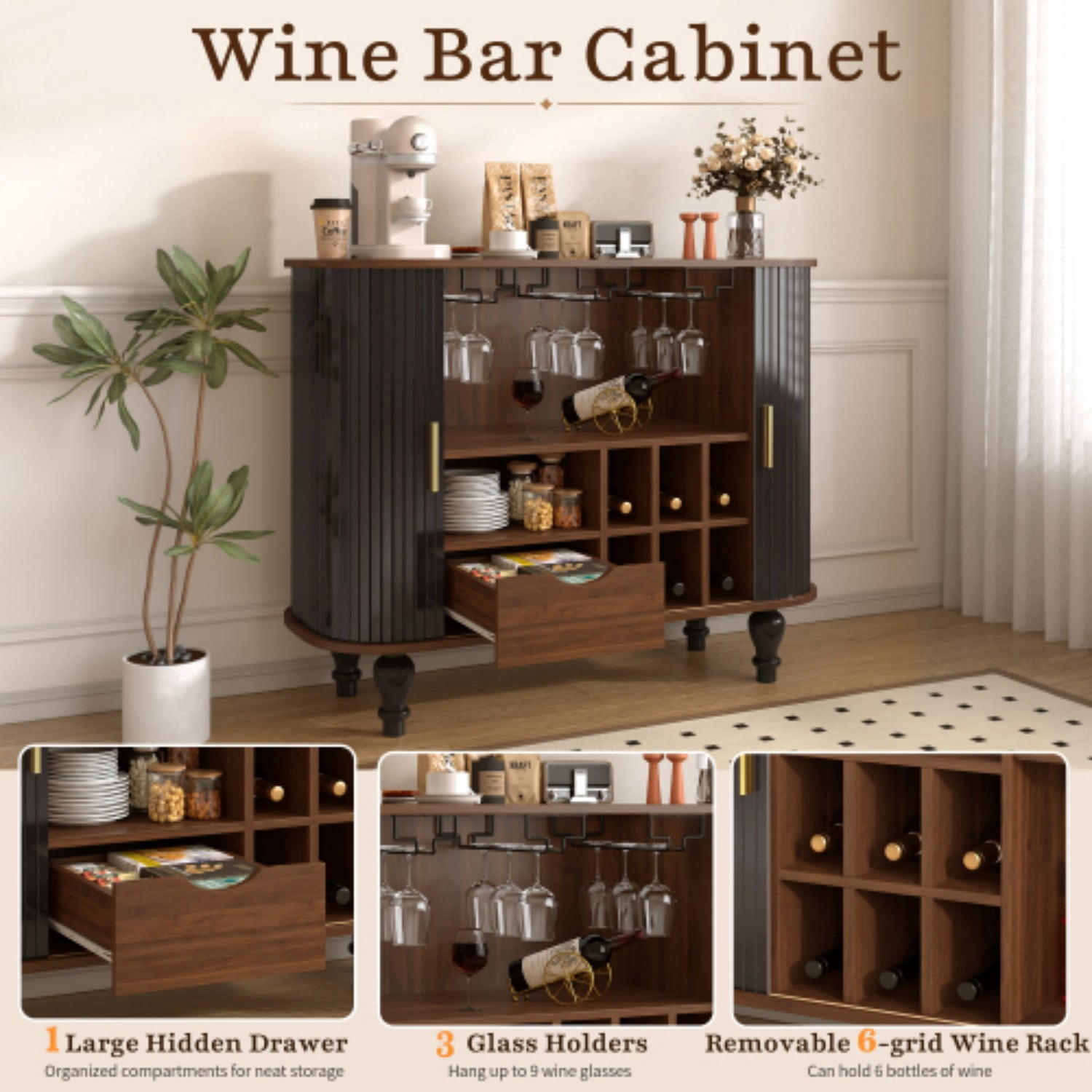 39" Fluted Wine Bar Cabinet, Mid-Century Modern Liquor & Coffee Station with 6 Wine Racks, Glass Holders, Drawer & Side Storage, Black