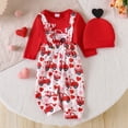 thumbnail image 7 of Valentine's Day Boys Girls Outfit Heart Print Long Sleeve Romper Suspender Pants Hat 3Pcs Toddler First Valentines Outfit Red 9 Months-12 Months, 7 of 7