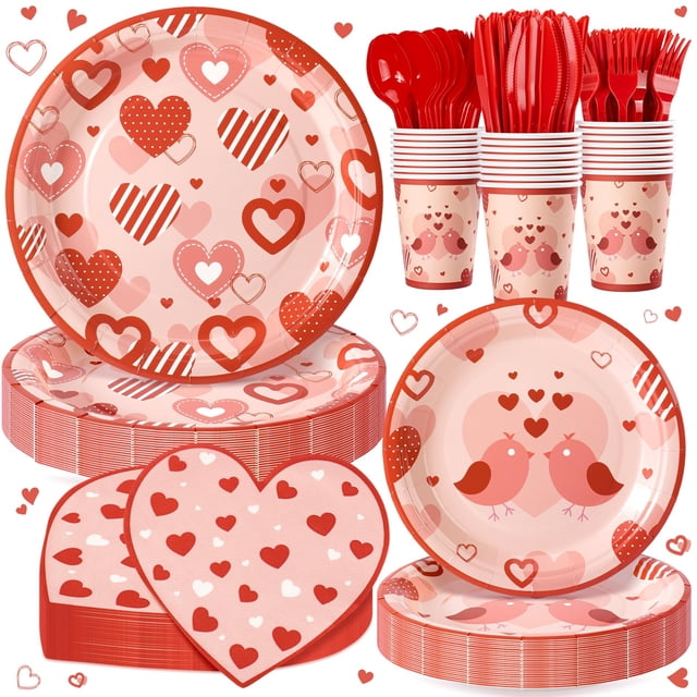 Fighting to Achieve 168 Piezas de Suministros para Fiesta del Día de San Valentín, Platos de Papel Desechables con Forma de corazón, servilletas, Vasos, Cubiertos y va