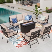 Summit Living 7-Seat Outdoor Conversation Set with 50,000 BTU Fire Pit Table, 3-Seat Sofa, Two Rocking Chairs & Two Fixed Chairs, 5, Black Steel Frame & Beige Cushions