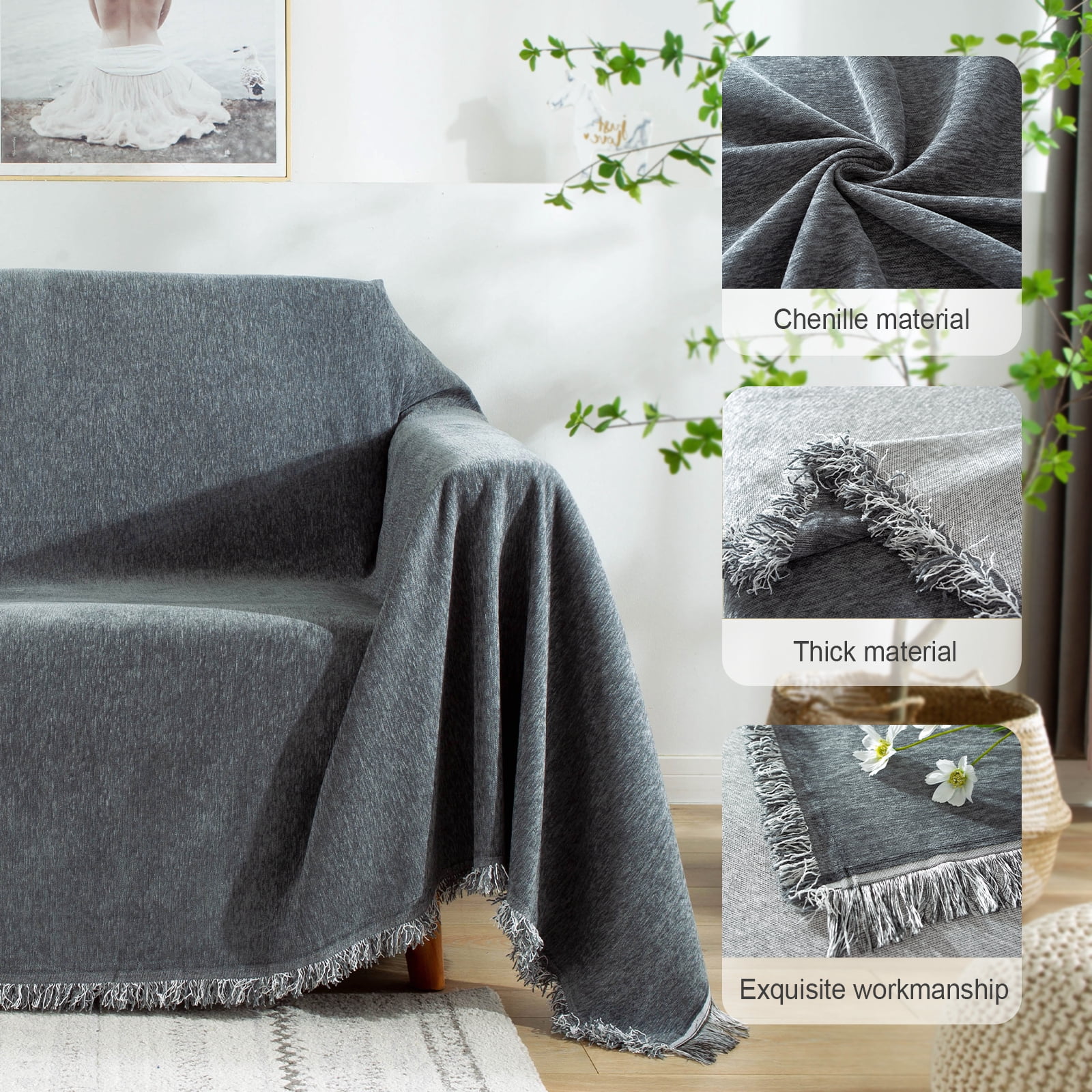 Lovote Water-Resistant Couch Cover Blanket Ultra Large Sofa Blanket Strong & Sturdy Sofa Cover for Furniture Protect Machine Washable Farmhouse Style Blanket Sofa Home Decor (Dark Gray, 91'' x 134'')