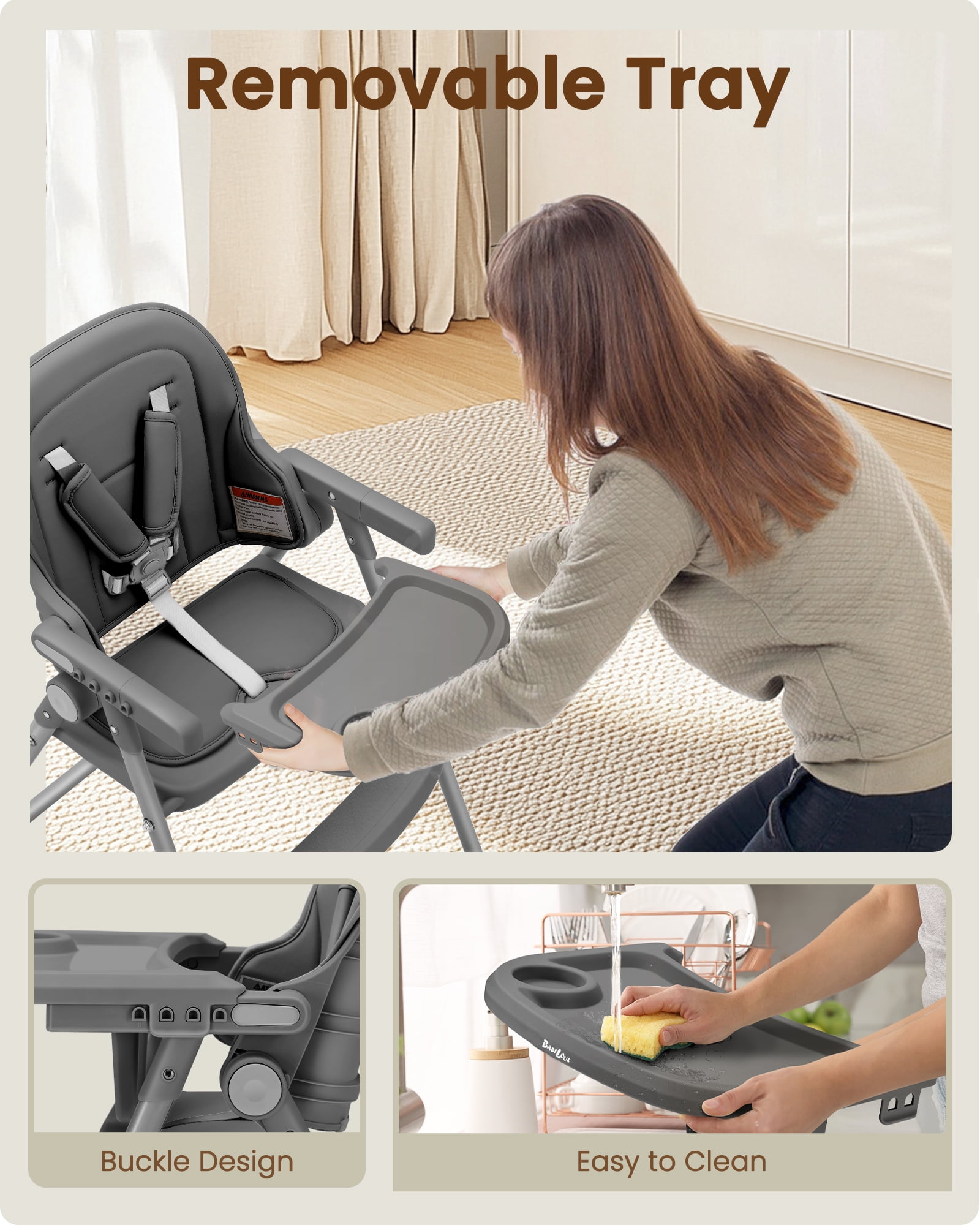 Babilous Foldable High Chair for Babies and Toddlers – Portable, Convertible High Chairs with Adjustable Tray, 5-Point Harness, and Easy-to-Clean Design