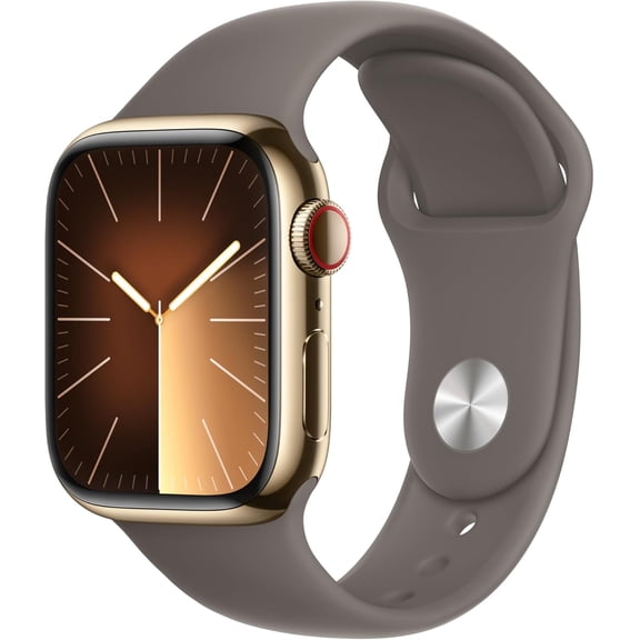 Pre-Owned Apple Watch Series 9 [GPS   Cellular 41mm] Smartwatch with Stainless Steel Case and Clay Sport Band - S/M. Fitness Tracker, ECG Apps, Always-On Retina Display, Water Resistant - Gold (Good)