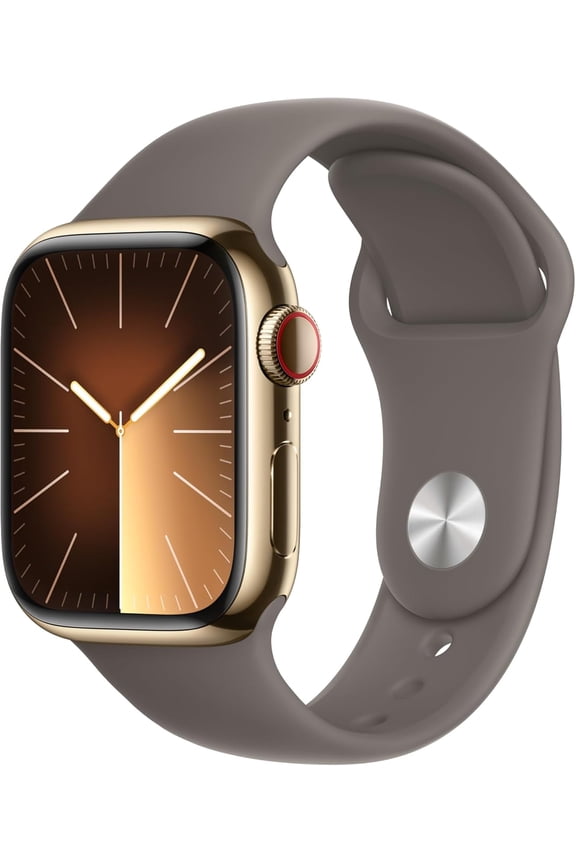 Pre-Owned Apple Watch Series 9 [GPS + Cellular 41mm] Smartwatch with Stainless Steel Case and Clay Sport Band - S/M. Fitness Tracker, ECG Apps, Always-On Retina Display, Water Resistant - Gold (Good)