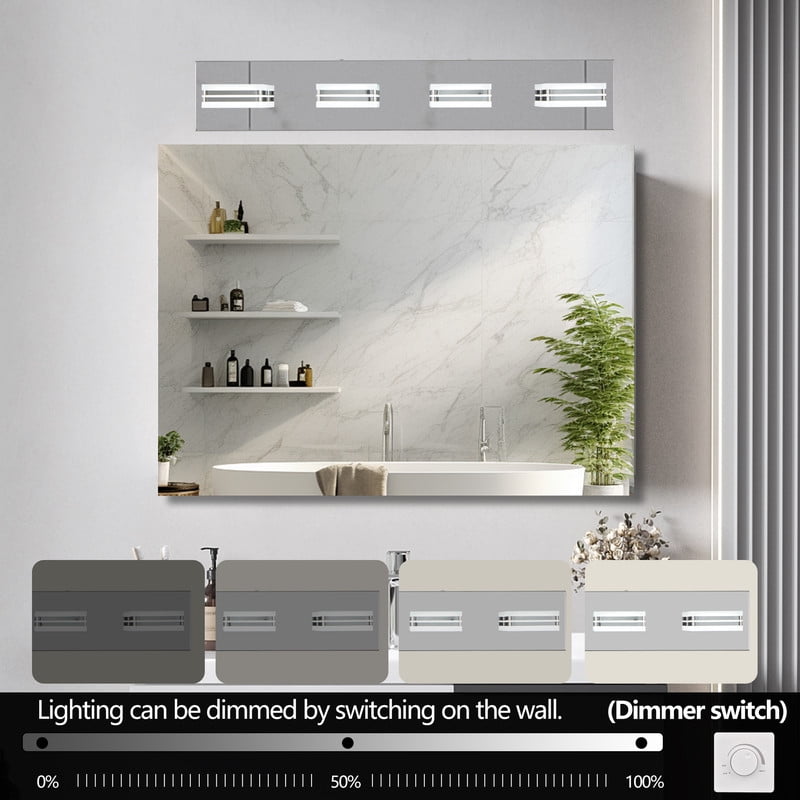 26" Modern Chrome 4-Light LED Vanity Light, Square Acrylic Lampshades Wall Mount Fixture for Bathroom, Mirror Lighting