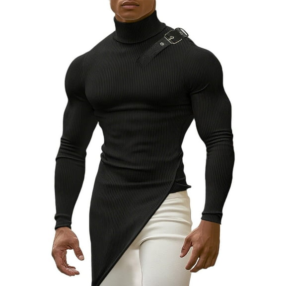 SCSAlgin Men's Semi High Neck Base Shirt Elastic Sports Tight Fitting Shirt Long Sleeved Top
