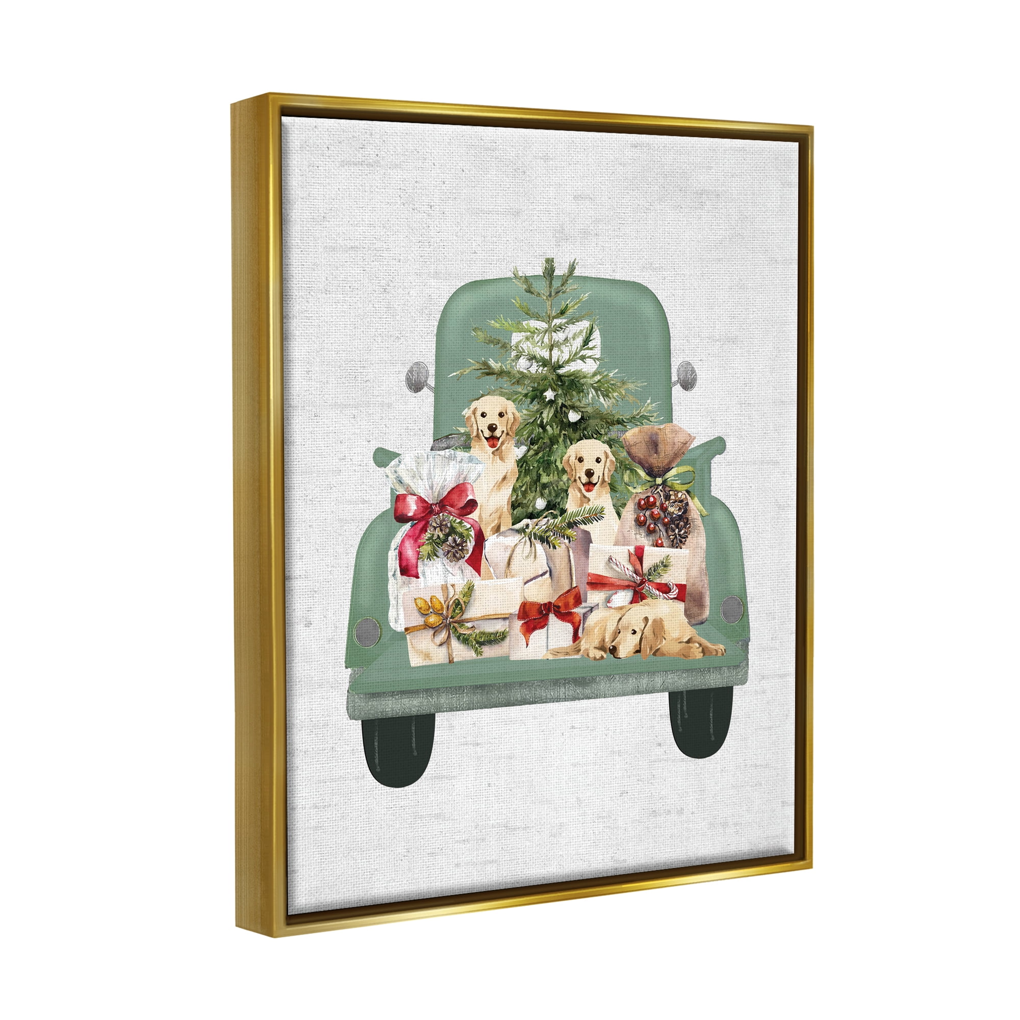 Stupell Industries Holiday Gift Truck Holiday Painting Gold Floater Framed Canvas Art Print Wall Art, 25 x 31