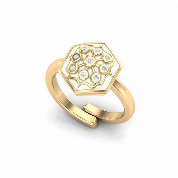 Cubic Zirconia Hexagonal Shape Ivory Enamel Brass Ring For Women Adjustable US 7- To US-9