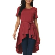 Unique Bargains Women's High Low Hem Tie Waist Asymmetrical Irregular Hem Blouse M Wine Red