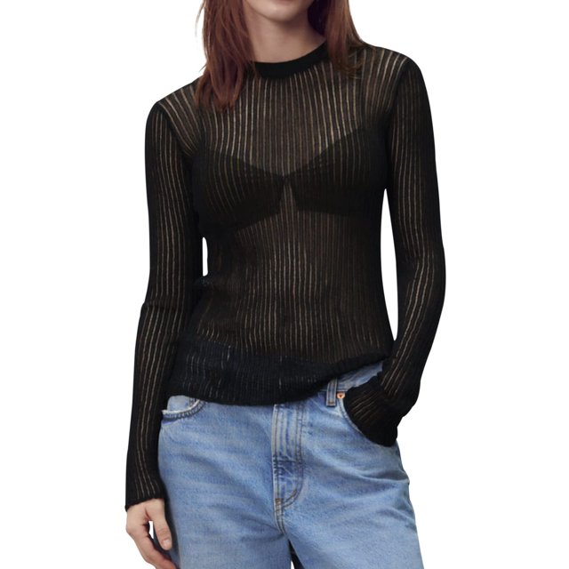 Top transpirable de cuello redondo y manga larga de color sólido de primavera y verano de estilo europeo y americano para mujer