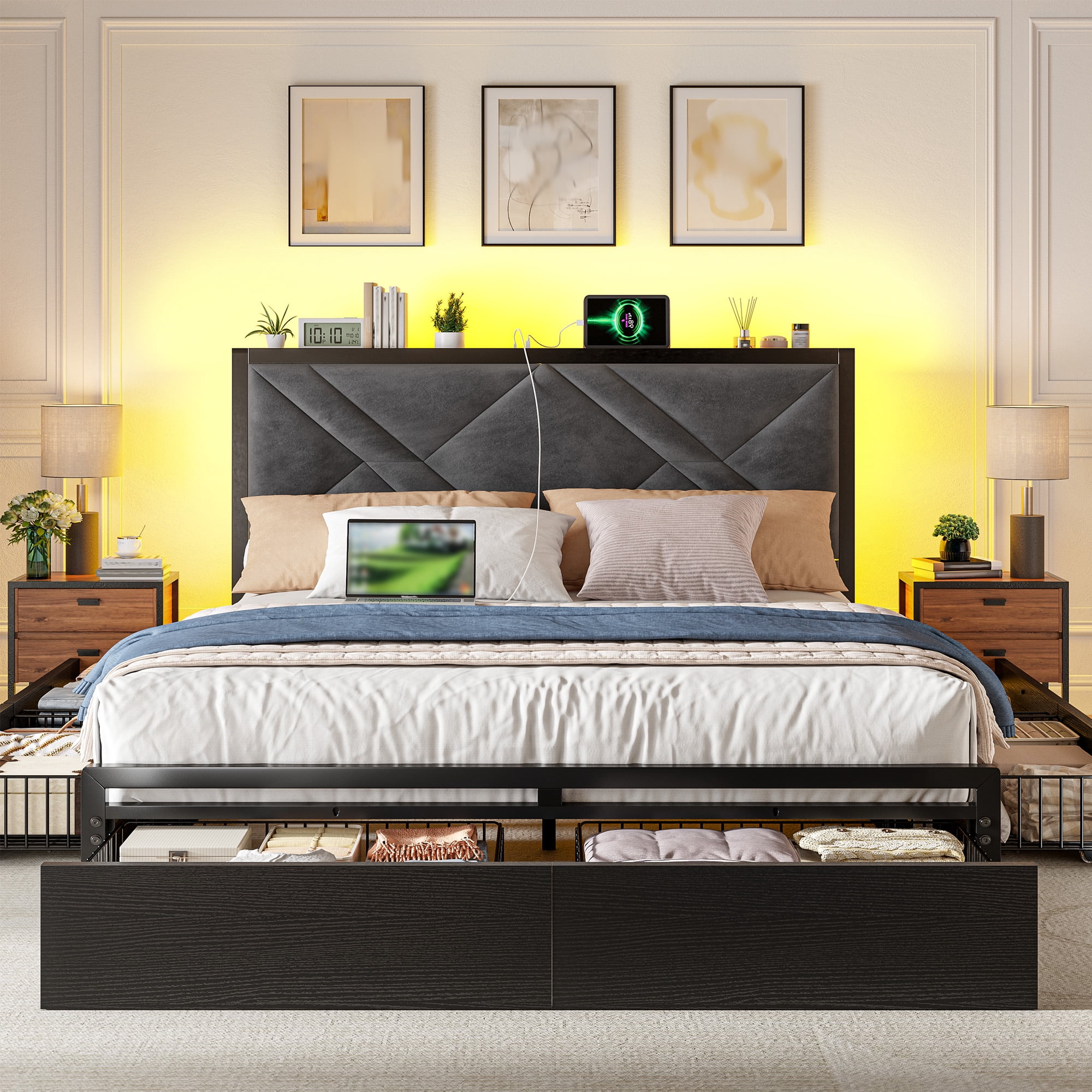 EnHomee Queen Size Bed Frame with 6 Drawers Queen Bed Frame with Storage Upholstered Platform Bed Frame with LED lights & Charging Station, No Box Spring Needed, Black