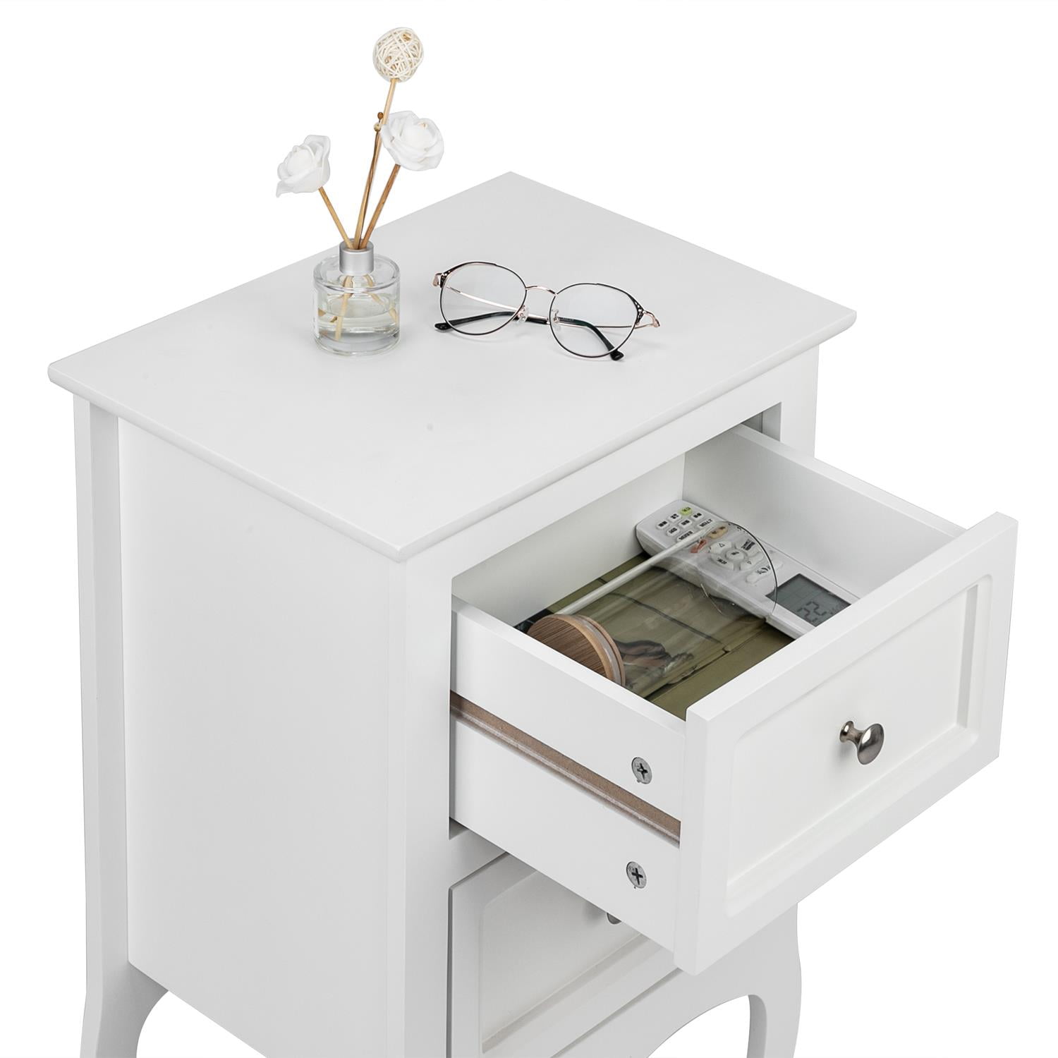 UBesGoo Nightstand, 2-Drawer Bedside Table, Wood End Side, Country Style Set of 2,White
