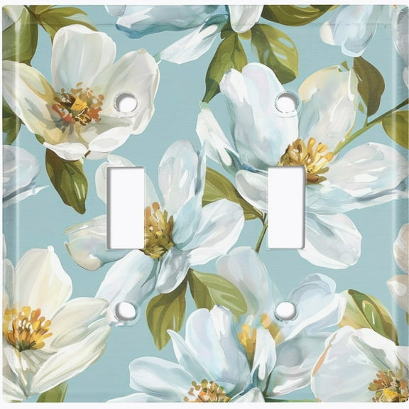 Metal Light Switch Wall Plate Outlet Cover (Printed Image of White Floral Art - Double Toggle)